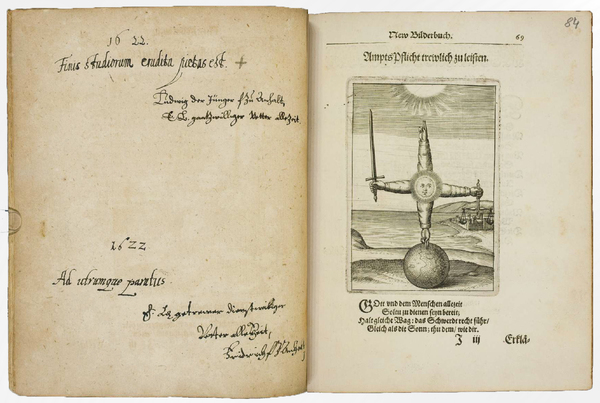 Stammbuch der Dorothea von Anhalt-Zerbst (geführt 1618 bis 1634) = Andreas Friedrich, Emblemata Nova, das ist/ New Bilderbuch [….], Frankfurt: Lucas Jennis 1617 (Herzog August Bibliothek Wolfenbüttel: Cod. Guelf. 231 Noviss. 8°), S. 68+4f.