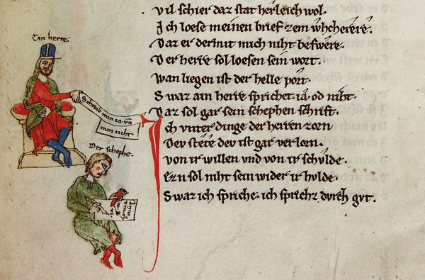 Der Herr und sein (Briefe-)Schreiber, in: Heidelberg, Universitätsbibliothek, Cod. Pal. germ. 389 (Sigle: A), fol. 33v