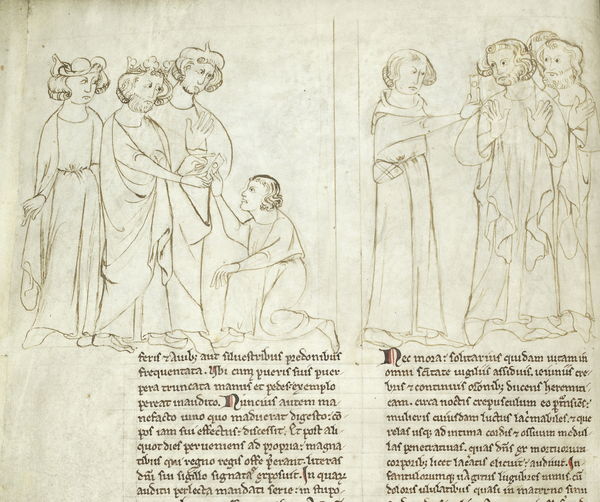 Szenen des Tragens und Überbringens von Nachrichten (Mankine-Erzählung, Mai und Beaflor-Stoff), in: Matthew Paris, Liber Additamentorum, 1250-1259, British Library, Cotton MS Nero D I, f. 7v.